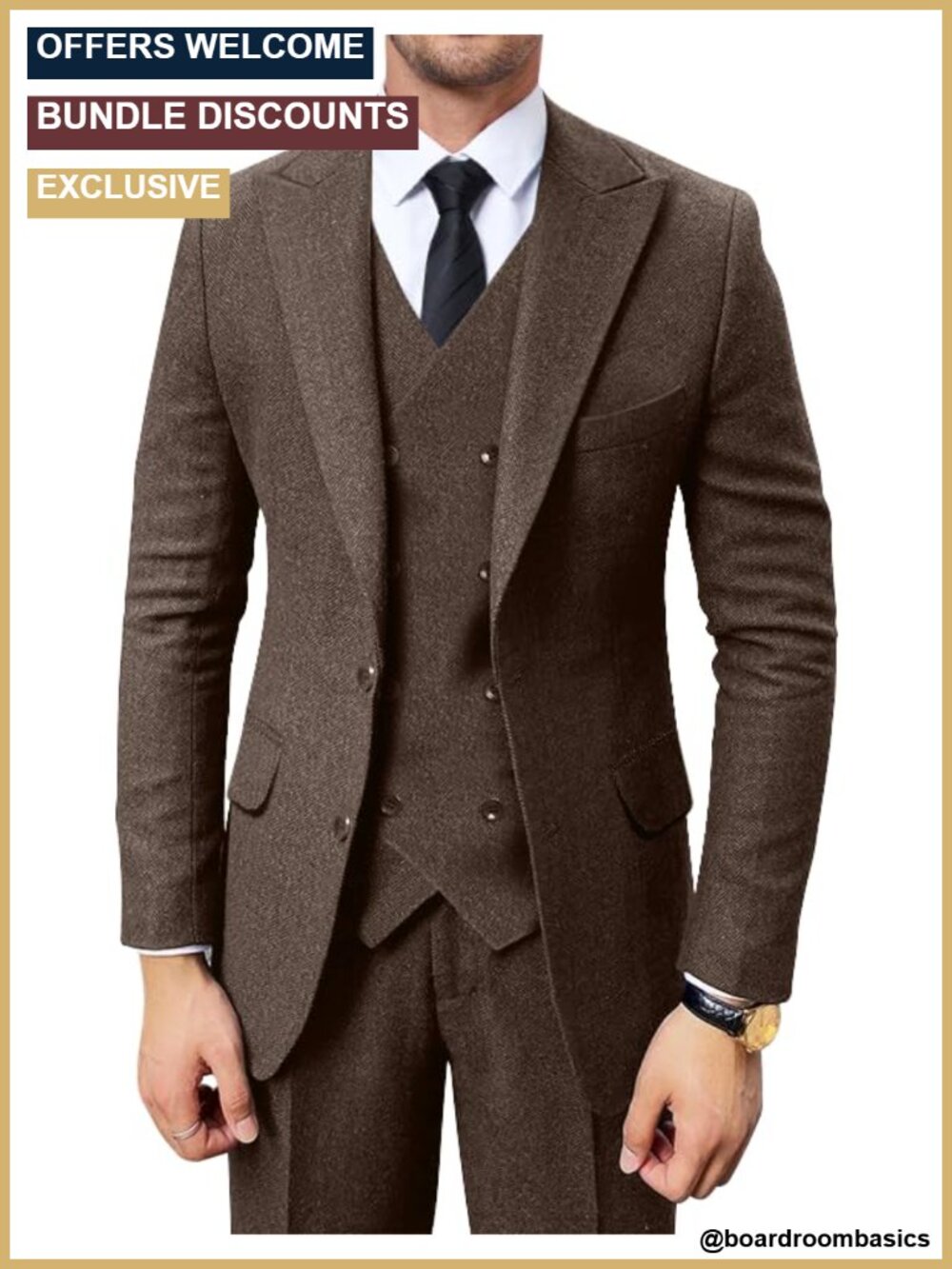 Men's Herringbone Tweed 3 Piece Suit Set Formal Prom Tuxedo Jacket Vest Pants